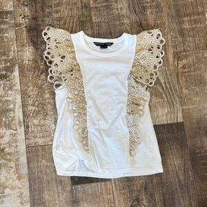 Veronica Beard White and Tan Lace Sleeve Top